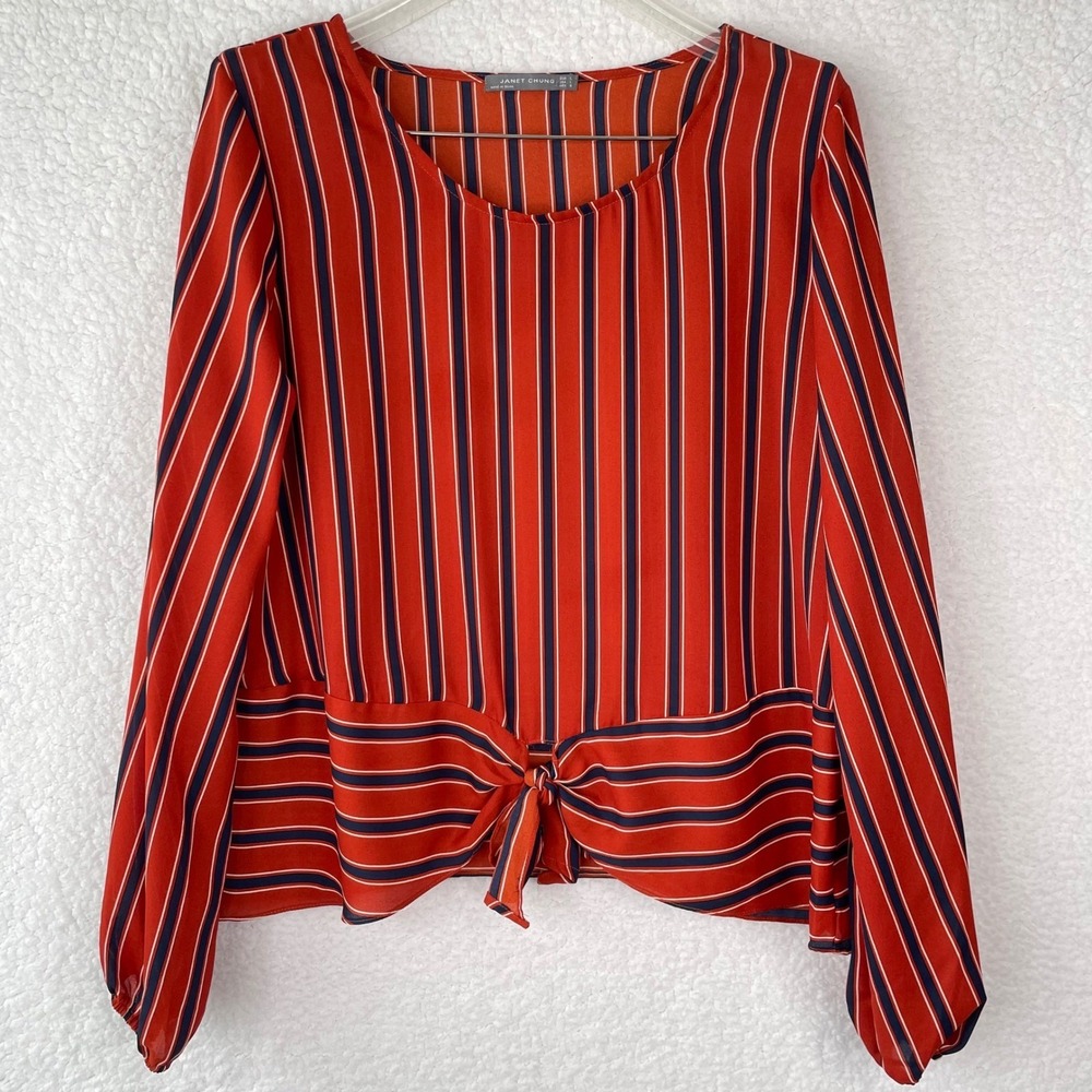 Janet Chung‎ Women Orange Navy Blue Striped Front Tie Long Sleeve Blouse Large